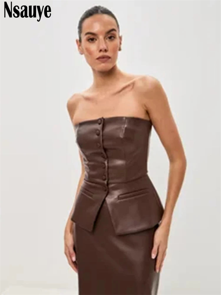 Nsauye Pullover Women Single Breasted Sexy strapless Leather Vest Night Club Mini Tank Tops Skinny Fashion Summer Crop Tops 2025