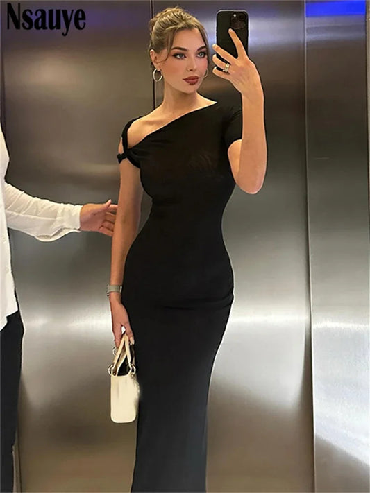 Nsauye Black Elegant Dress 2024 Women Off Shoulder Sleeveless Maxi Bodycon Summer Clothes Evening Night Party Club Dress Maxi