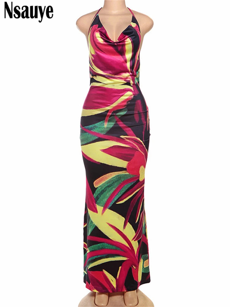 Nsauye Women Summer 2025 Sexy Club Print Casual Beach Sleeveless Dress Long  Spaghetti Strap Vestidos Elegant Party Dress Outfit