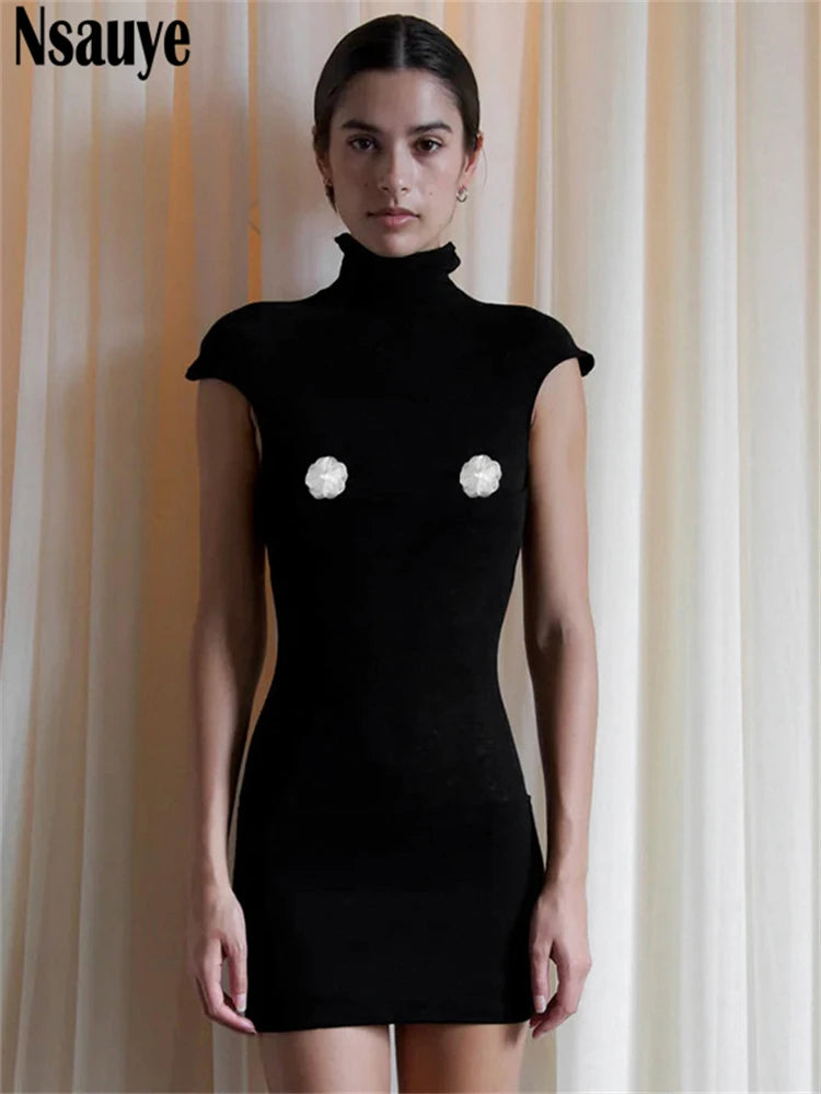 Nsauye Women Sexy Pullover Turtleneck Black Night Club Party Evening Short Dress Summer Basic Casual 2025 Elegant Fashion Dress