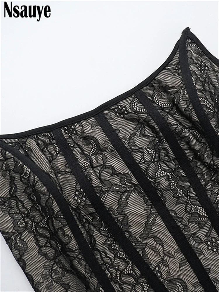 Nsauye Strapless Women High Waisted Evening Party Sexy Black Lace Corset Dress Mini Night Club 2024 Chic Fashion Bud Dress