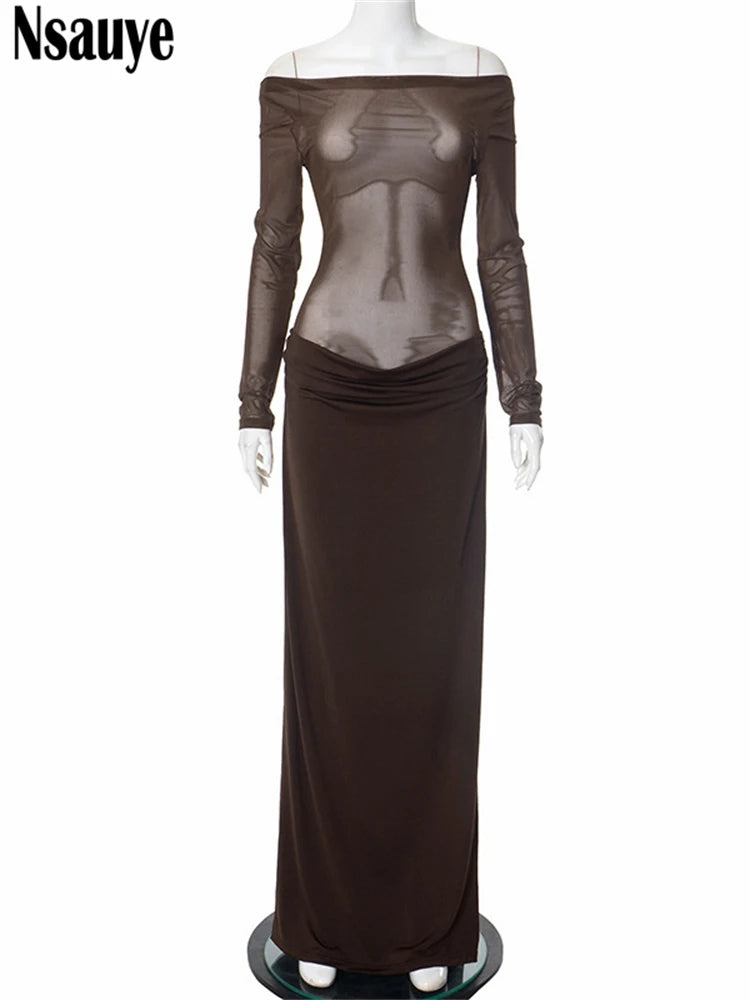 Nsauye Dress For Women Sexy Mesh Long Sleeve Bodycon Fashion Off Shoulder Night Club Low Waisted Evening Party Wrap Dress 2025
