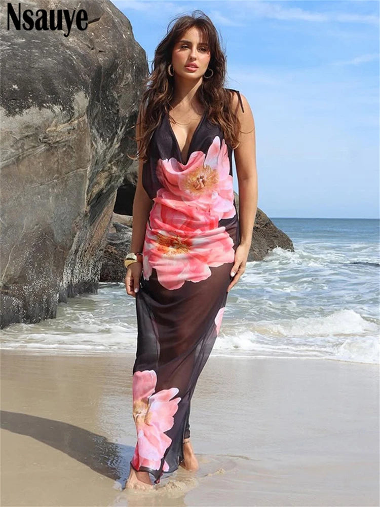 Nsauye New Fashion Women Summer Holiday Casual Beach Halter Floral Print Wrap Long Dress Maxi Sexy Party Evening Club Dress 2025