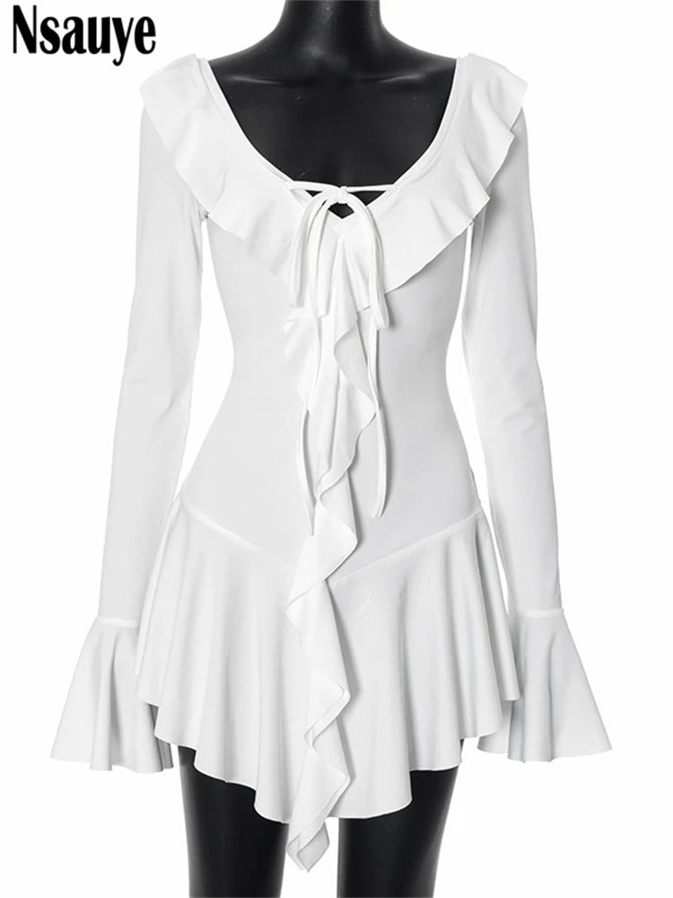 Nsauye 2024 Long Sleeve Ruffles Women Casual Holiday Mini Wrap Dress Sexy Evening Fashion Elegant Party Night Club Dress Autumn