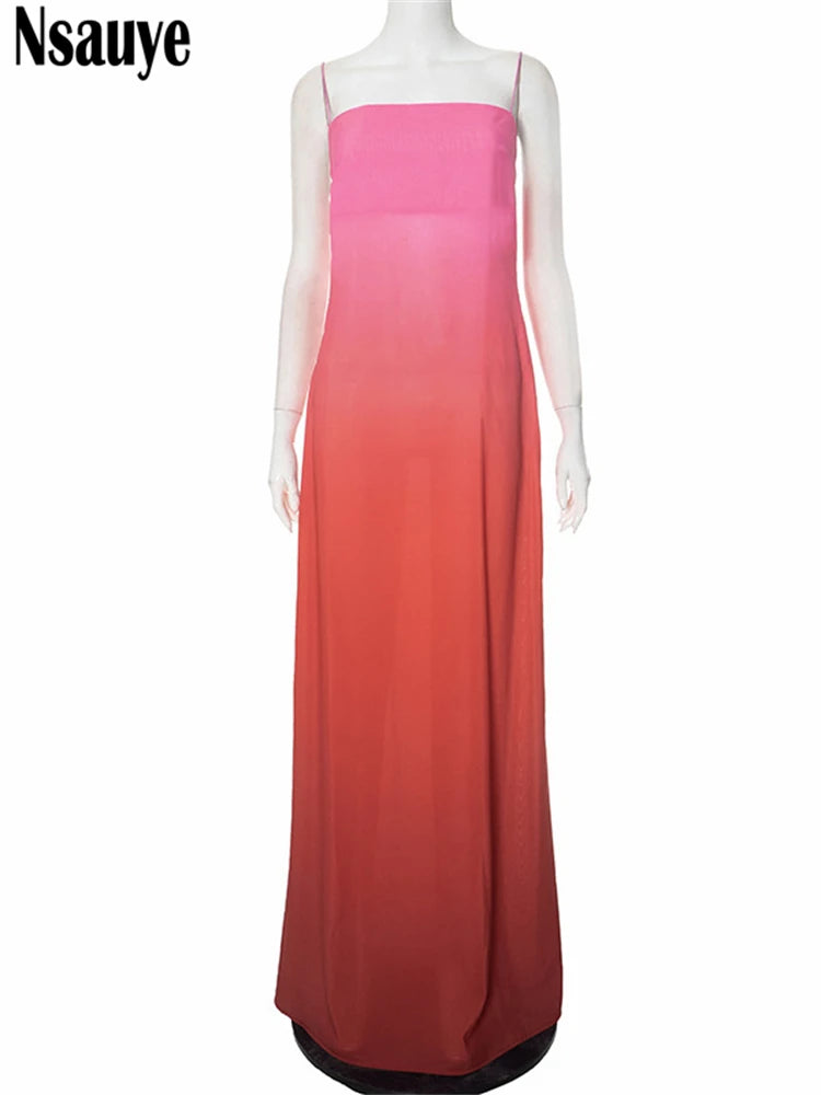 Nsauye New Summer Beach Women Gradient Chiffon Fashion Strap Long Dress 2025 Elegant Tie Dye Print Sexy Club Evening Party Dress