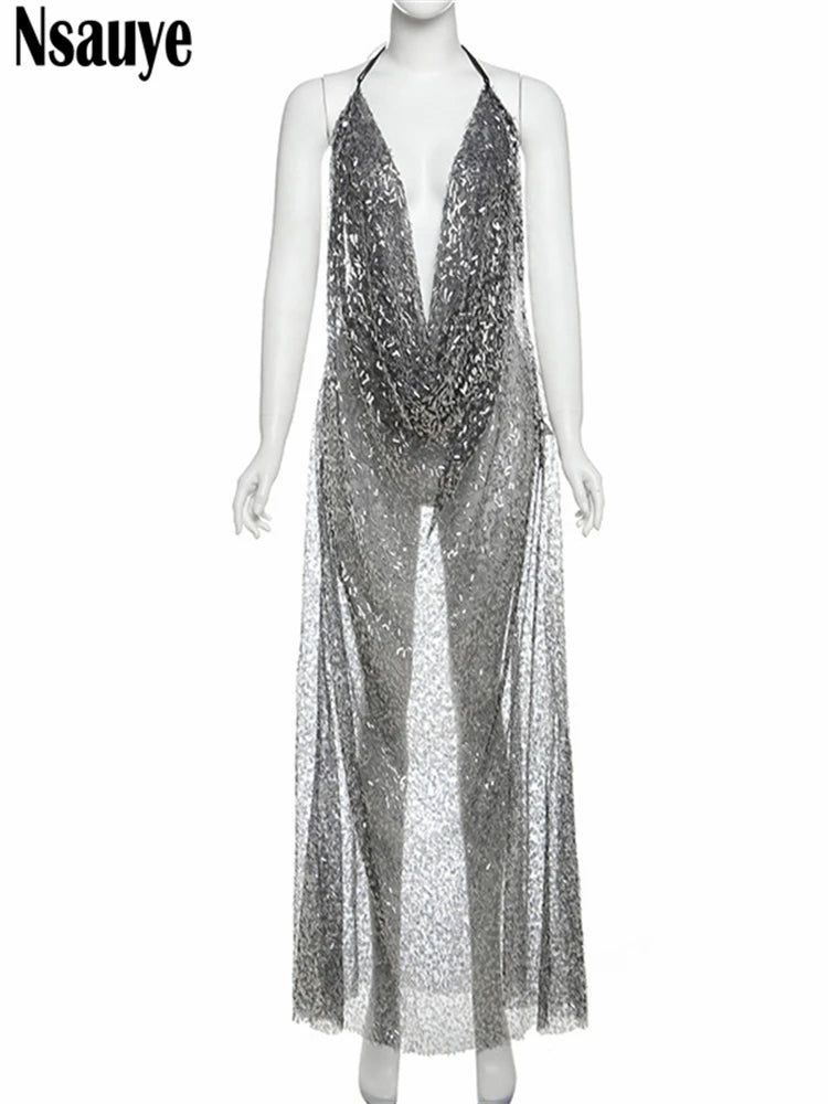 Nsauye Women Casual Fashion Elegant Summer Beach Holiday Halter Sequins Dress Sexy Evening Party Night Club A-Line Dress 2025