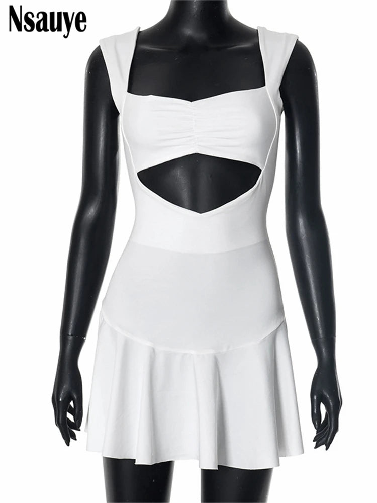 Nsauye 2025 Spring New Strap Sleeveless Hollow Out Bandage Backless A-Line Dress Club Party Women Elegant Sexy Dresses Vestidos