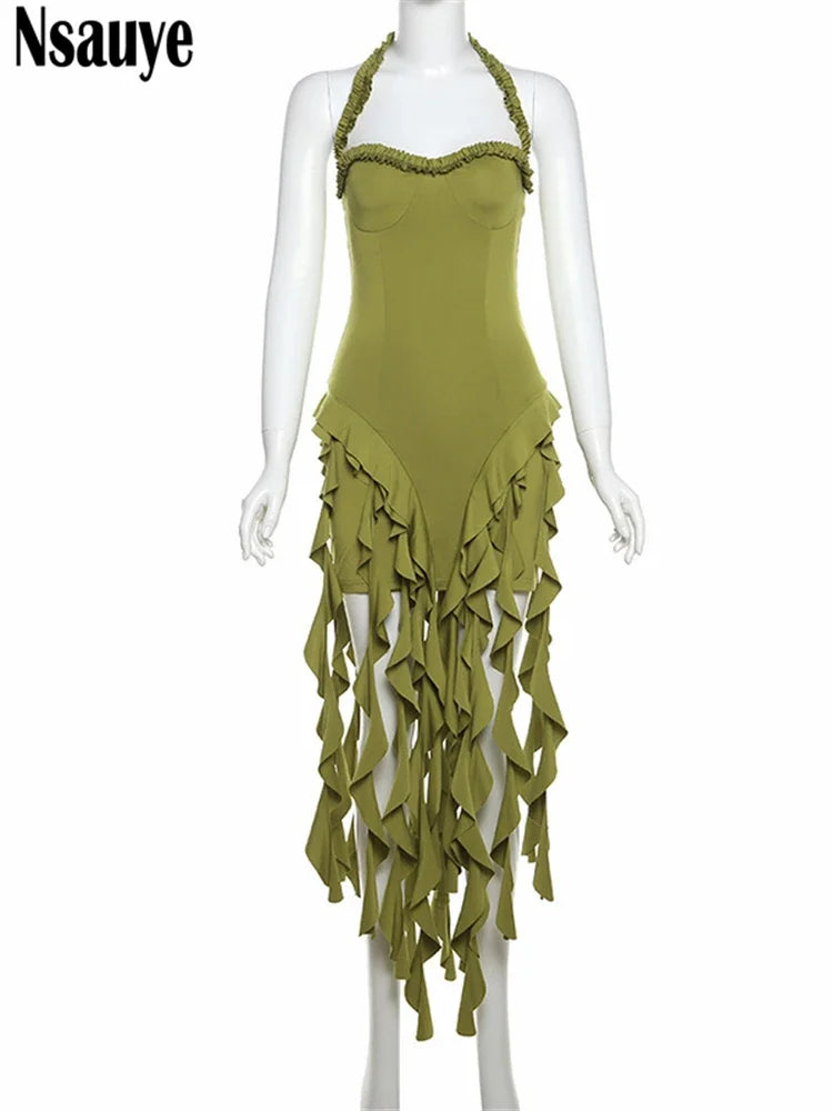 Nsauye Sexy Off Shoulder Mini Bodycon Y2K Tassels Ruffles Party Dress Club Summer Chic Evening Fashion Women Elegant Dress 2024