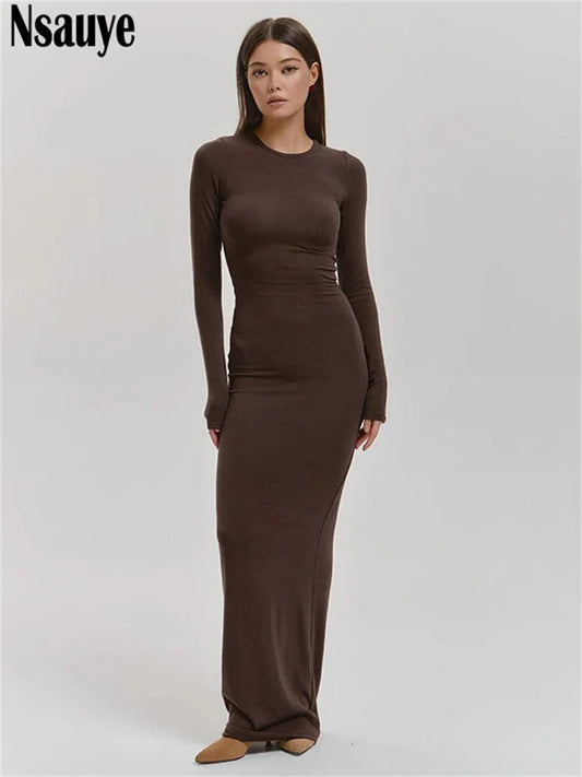 Nsauye Casual Basic Long Dress Women Holiday Autumn Winter Evening Birthday Party Night Club Sexy Elegant Dress Outfits 2024