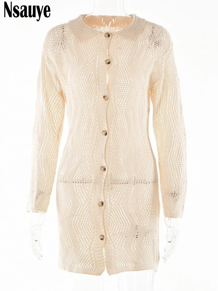 Nsauye Long Sleeve Hollow Out Sexy Club Fashion Women Knitted Cardigan Dress 2022 Casual Beach Wrap Mini Y2K Party Shirt Dress