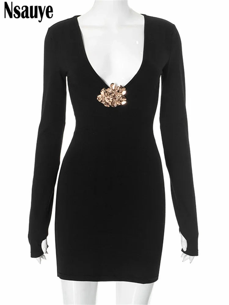 Nsauye Women Casual Holiday Basic Fashion Black Mini Bodycon Long Sleeve Dress Sexy Evening Party Elegant Night Club Dress 2024