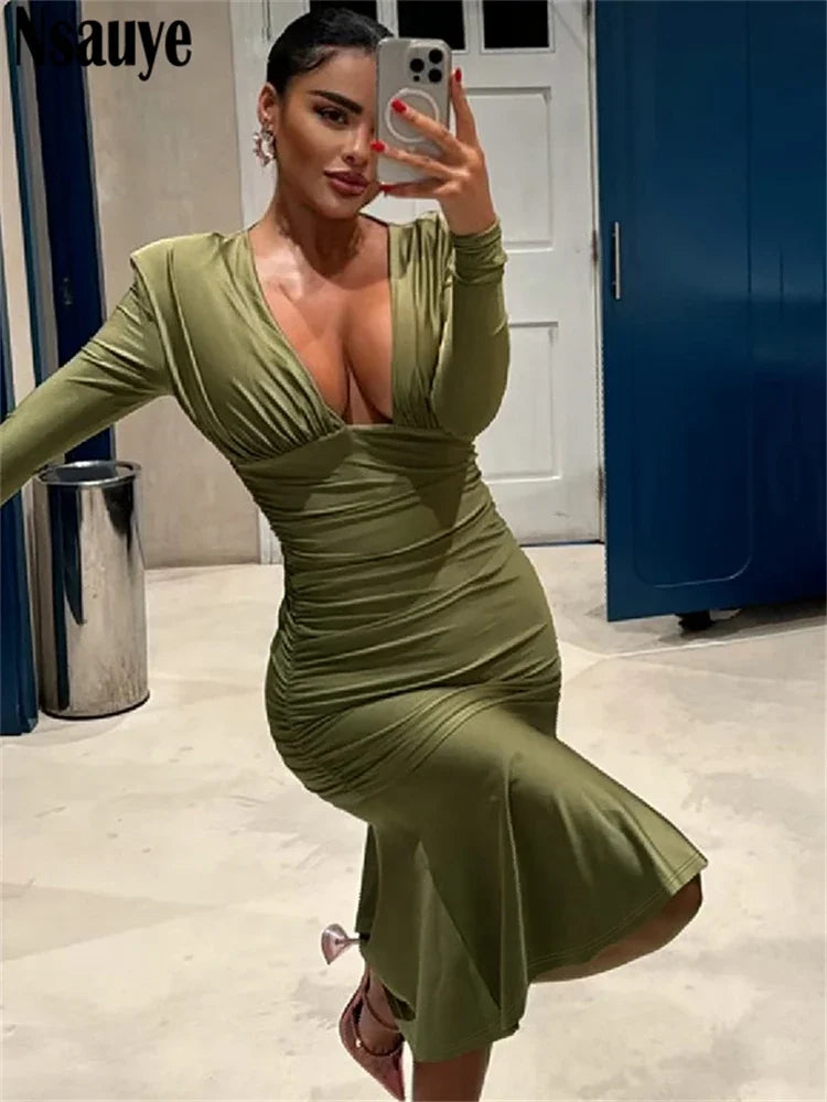 Nsauye Sexy Elegant Ruched Midi Bodycon Long Sleeve Party Dress V Neck Fashion Sexy Night Club Autumn Dress Women Clothes 2024