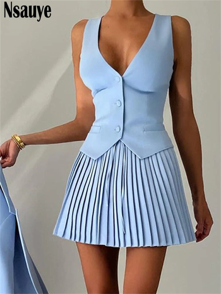 Nsauye Women Sexy Sleeveless Party Club Blazer Vest Tops And Mini Elegant Pleated Skirt Fashion Dress Summer Two Piece Set 2024