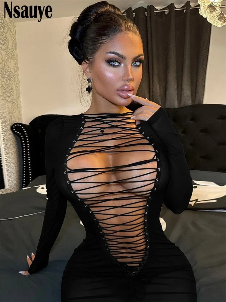 Nsauye 2024 Winter Sexy Skinny Hollow Out Y2K Black Streetwear Fashion Mini Dress Club Party Bodycon Gothic Women Dress 2024