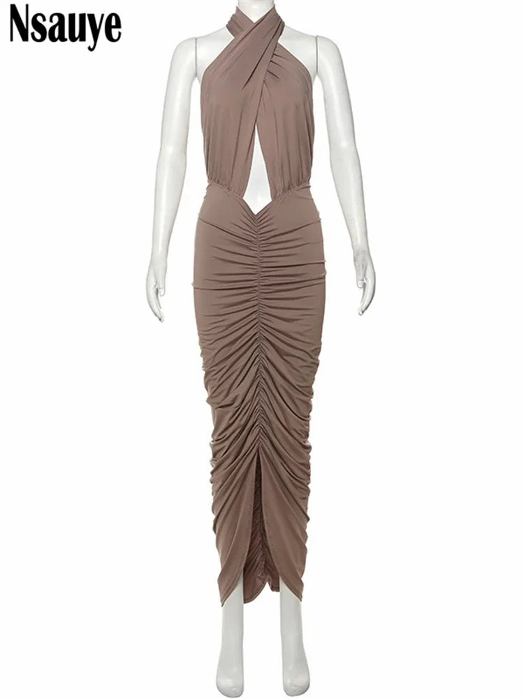Nsauye Sexy Halter Backless Women Long Night Club Ruched Off Shoulder Dress Chic Fashion Elegant Beach Party Holiday Dress 2025