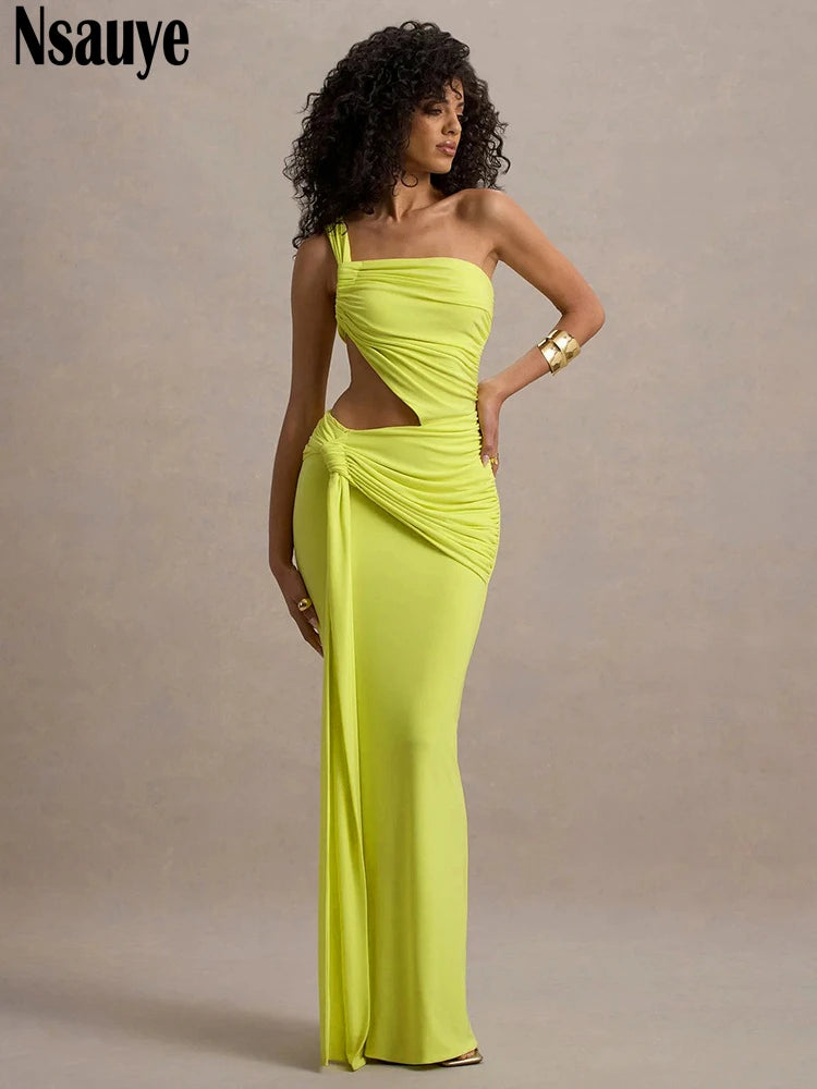 Nsauye One Shoulder Women Elegant Fashion Dress Long Sexy High Split Holiday Evening Party Club Hollow Out Dress 2025 Summer