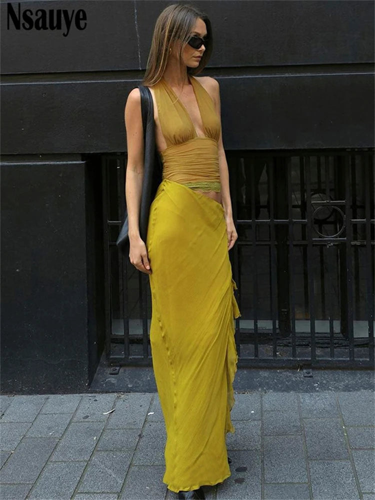 Nsauye Low Waisted Cut Out Women Fashion Mesh Halter Summer Ruffles Beach Dress Long 2025 Sexy Off Shoulder Party Club Dress