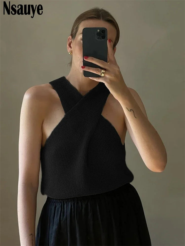 Nsauye Knitted Halter Sexy Elegant Fashion Backless Mini Sleeveless Crop Tops Women Vest Clothes 2025 Night Club Casual Tank Top