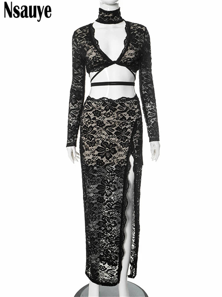 Nsauye Sexy Women Halter Club Low Cut Out Long Sleeve Tops Long Fashion High Split Party Skirt New In Matching Two Piece Set