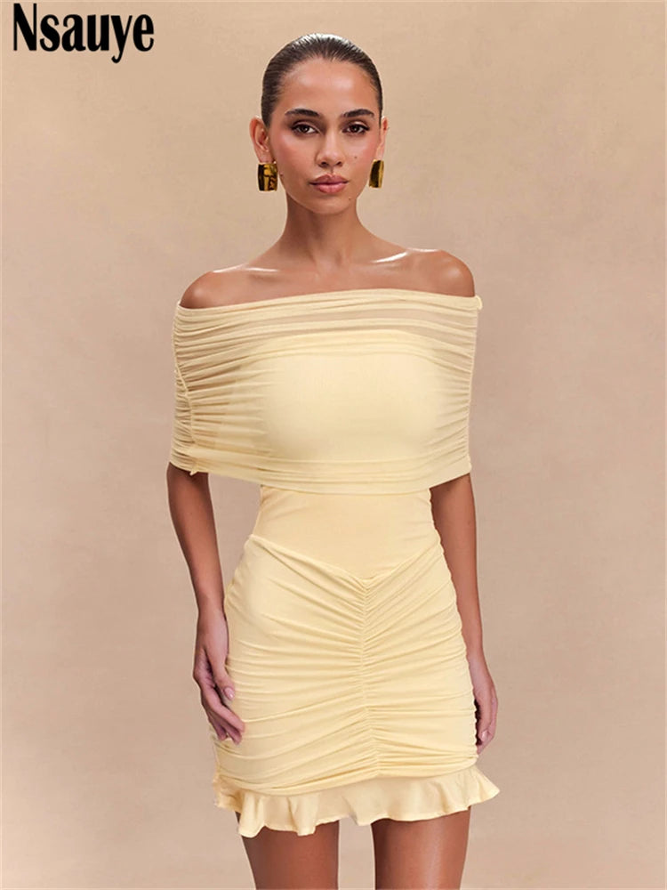 Nsauye 2025 Solid Off Shoulder Sleeveless Pleated Mini Bodycon Dresses Club Party Evening Ruffles Women Outfits Dress Vestidos