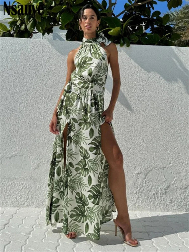 Nsauye Sexy Women Halter Backless Vintage Flowers Leaf Printed Dress 2025 Casual Holiday Summer Beach Sexy Party Long Club Dress