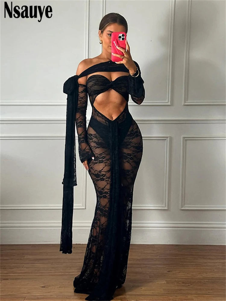 Nsauye Women Fashion Strapless New Elegant Hollow Out Bodycon Sexy Dress Evening Party Nigh Club Summer Halter Dress Long 2025