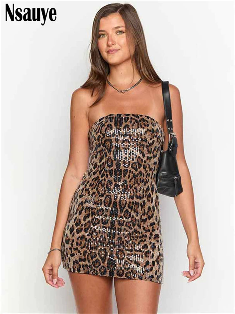 Nsauye 2025 Spring Summer New Women Sleeveless Strapless Sequins Mini Bodycon Dresses Night Club Sexy Leopard Print Party Dress