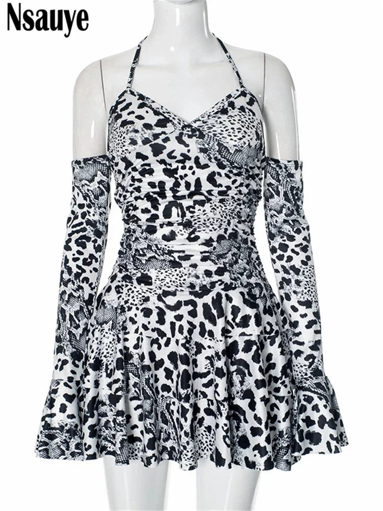 Nsauye Casual Beach Holiday Long Sleeve Sexy Halter Off Shoulder Club Mini Dress Fashion Women Clothes Leopard Print Party Dress