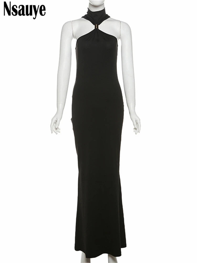 Nsauye Women Sexy Night Club Halter Sleeveless Evening Party Long Dress Summer Off Shoulder Elastic Fashion Elegant Dress 2025