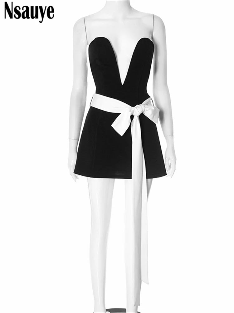 Nsauye New Fashion Elegant Women Low Cut Out Sexy Night Club Short Dress Black Bow Summer Evening Party High Waisted Dress 2025