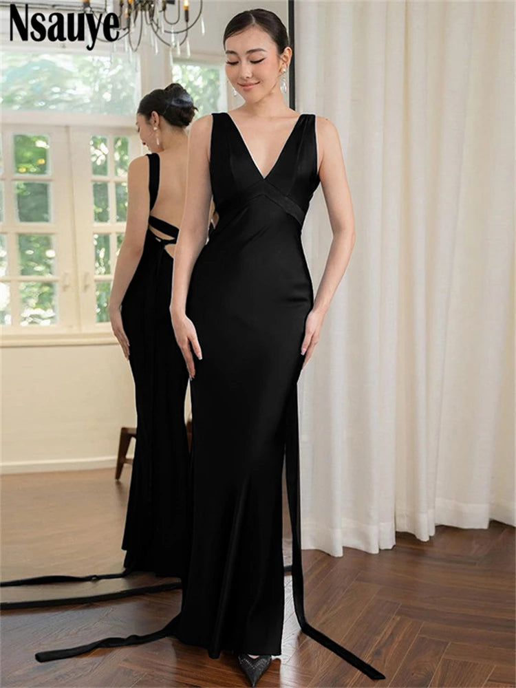 Nsauye Dress Women Elegant New Fashion Clothing Outfit Satin Long Lace Up Sleeveless Bodycon Sexy Evening Party Night Club Dress