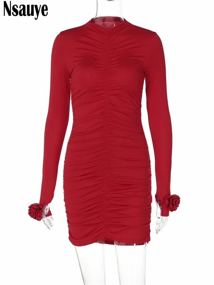 Nsauye 2024 Winter Women Long Sleeve O Neck Ruched Aesthetic Chic Flower Fashion Bodycon Winter Mini Dresses Evening Club Party