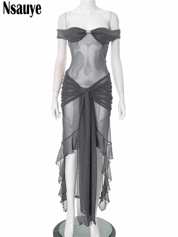 Nsauye New Elegant Mesh Women Fashion Sexy Evening Party Dress Night Club Summer Ruffles High Split See Through Long Dress 2025