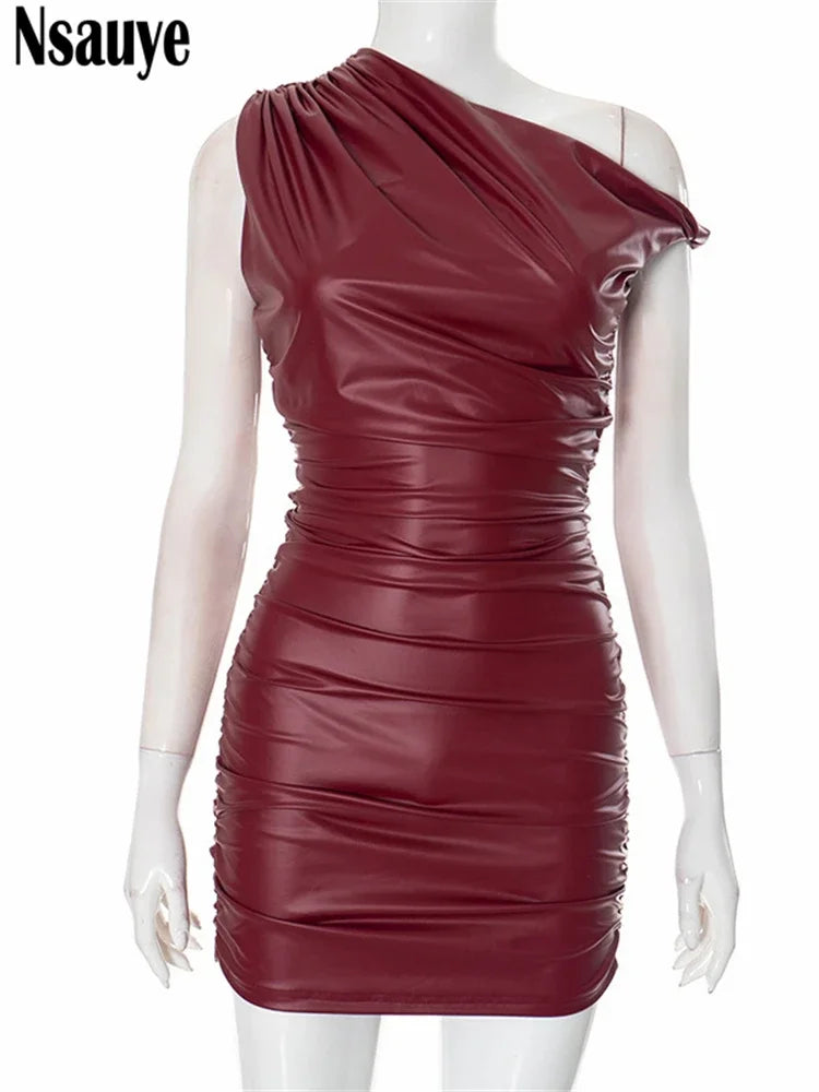 Nsauye 2025 New Fashion Sexy Mini Ruched Night Club Evening Party Dress Women's Clothing Short Sleeveless Elegant Leather Dress