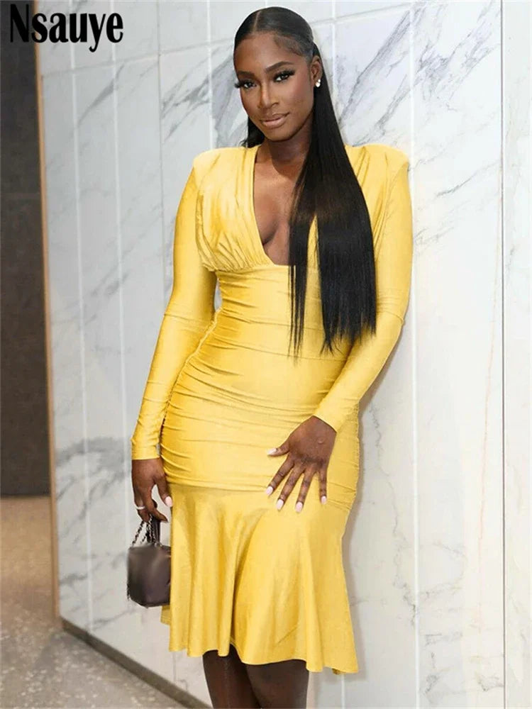 Nsauye Sexy Elegant Ruched Midi Bodycon Long Sleeve Party Dress V Neck Fashion Sexy Night Club Autumn Dress Women Clothes 2024