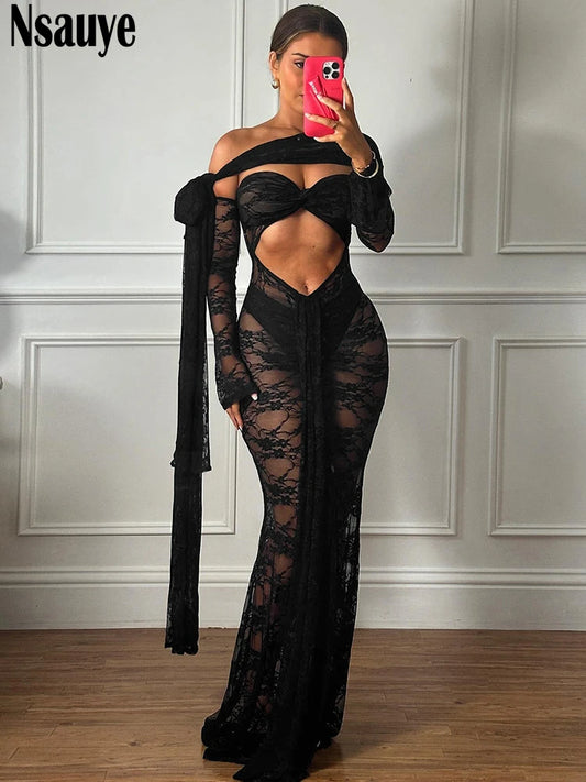 Nsauye Women New Elegant Sexy Party Evening Mesh Hollow Out Fashion Dress Night Club Halter Summer Long Sleeve Dress Long 2025