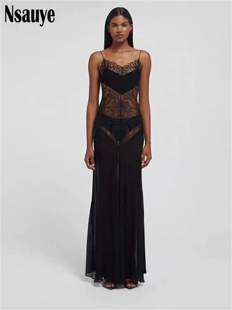 Nsauye 2025 Summer New Sexy Lace See Through Hollow Out Black Long Dresses Night Club Women Party Evening Sleeveless Maxi Dress