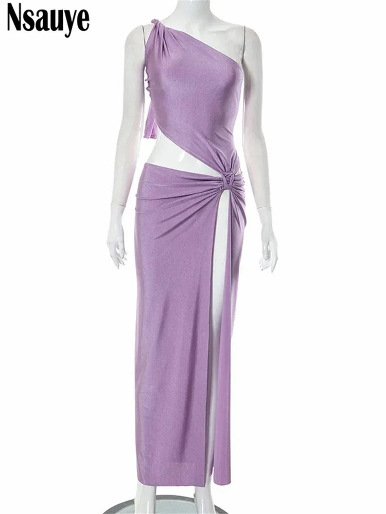 Nsauye One Shoulder Women Sexy Bodycon Party Evening Night Club Fashion Holiday Maxi Dress Summer 2023 High Split Backless Dress