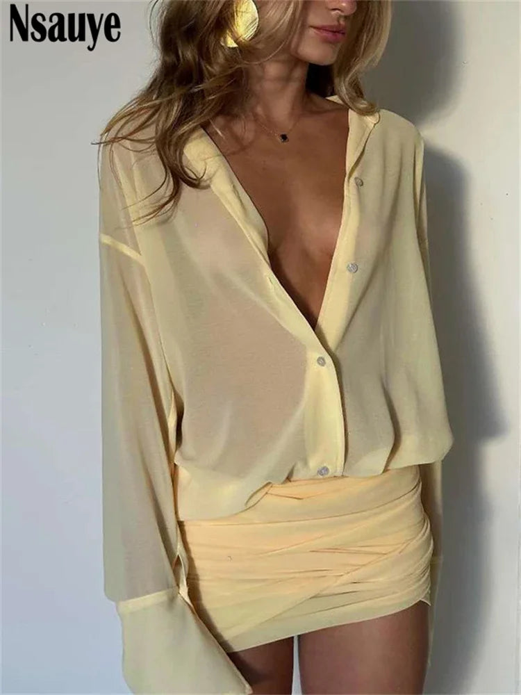Nsauye Sexy Women New Elegant Evening Party Night Club Dress Bodycon Long Sleeve 2025 Ruched V Neck Fashion Blouse Dress Outfits