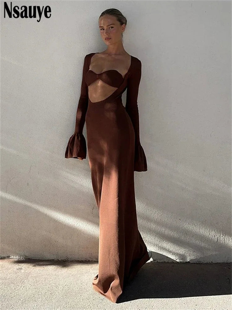 Nsauye Sexy Hollow Out Long Flare Sleeve Wrap Long Dresses Club Party Evening Women Elegant Maxi Dress Night Club Winter 2023