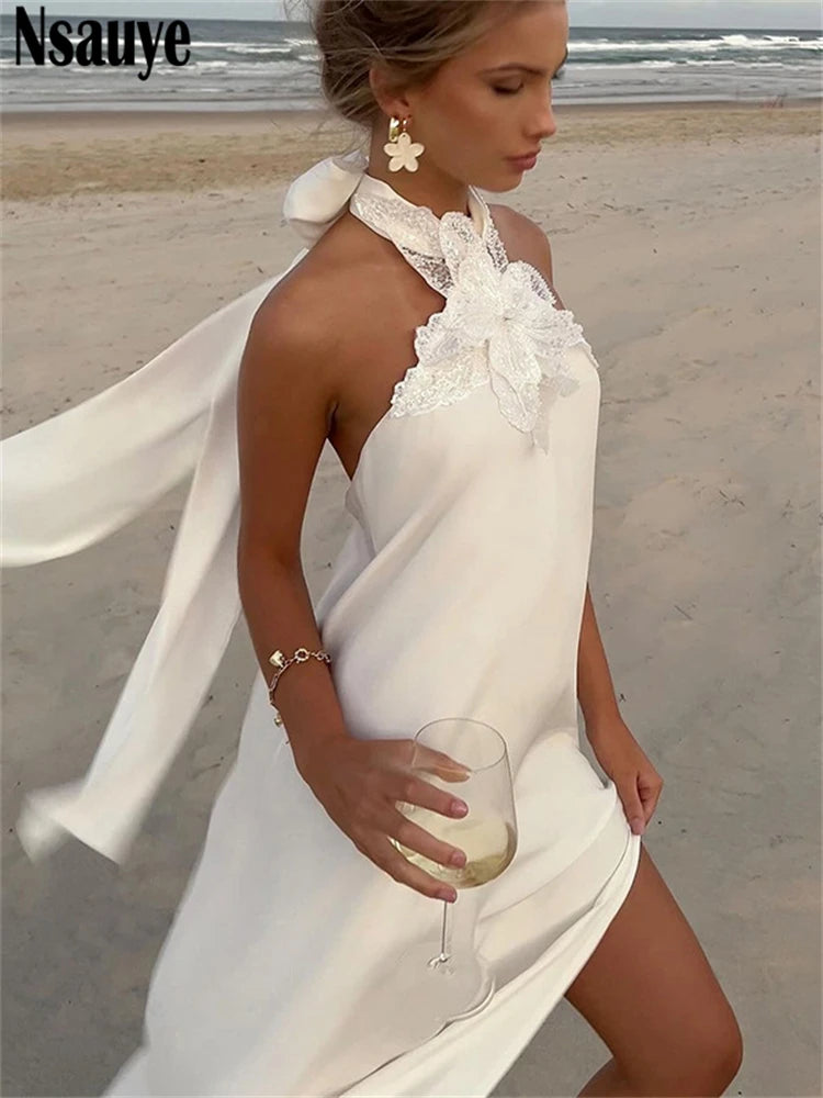 Nsauye 2025 New Aesthetic Flower Dress Women Long Fashion Summer Halter Beach Satin White Night Club Sexy Party Dress Outfits