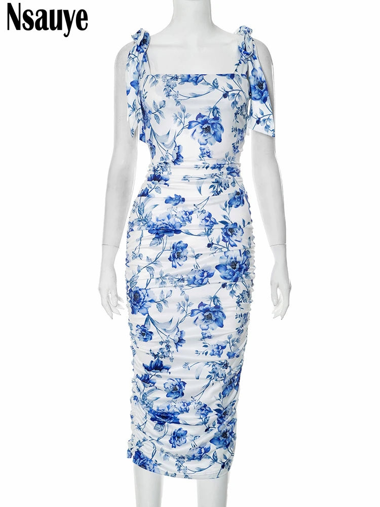 Nsauye Evening Party Dress For Women Summer Midi Fashion Clothes Outfits Floral Print Lace Up Sexy Night Club Elegant Dress 2025