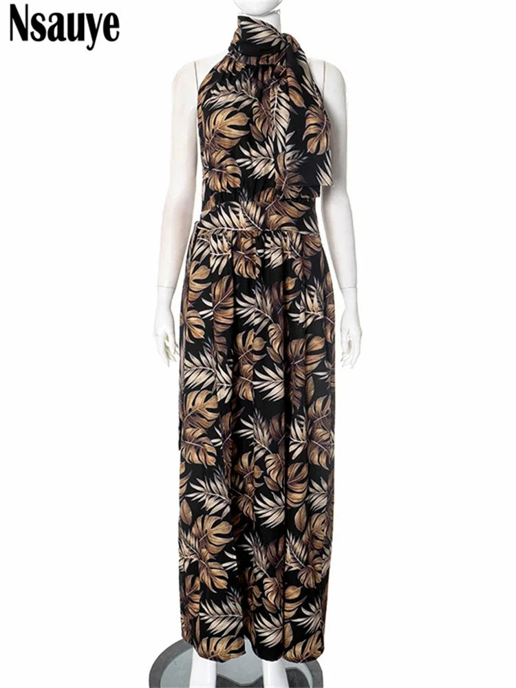 Nsauye Sexy Women Halter Backless Vintage Flowers Leaf Printed Dress 2025 Casual Holiday Summer Beach Sexy Party Long Club Dress