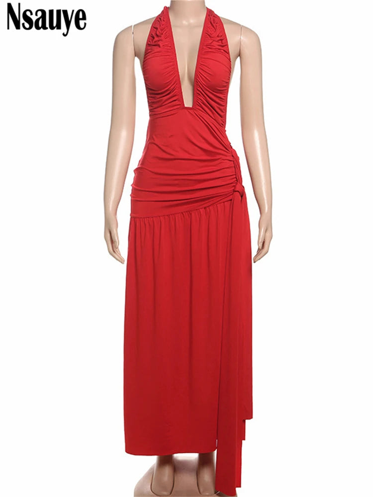 Nsauye Sexy Halter Night Club Ruched Low Cut Out High Waist Evening Party Dress Summer Women Long Holiday Beach Wrap Dress 2025