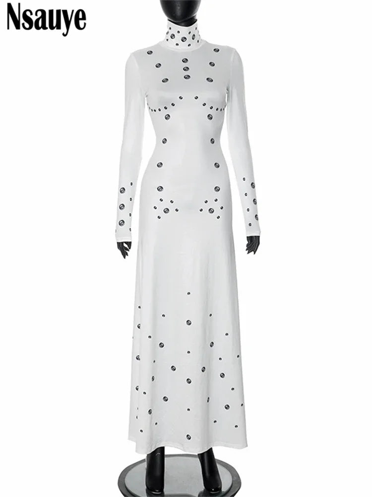 Nsauye Women Clothing Outfits 2024 Winter Elegant Long Sleeve Turtleneck Sexy Fashion Club Party Polka Dot Print Casual Dresses