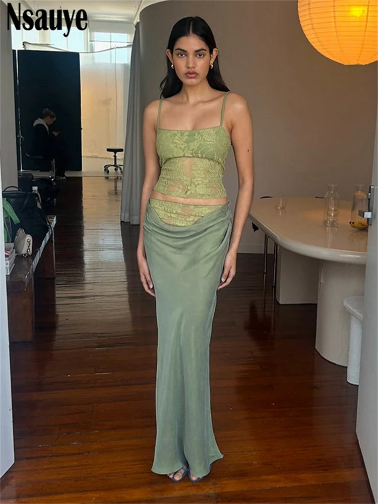 Nsauye Women Elegant Sexy Night Club Lace Hollow Out Crop Tops Summer Beach Vacation Party Holiday Skirt Long Two Piece Set 2025