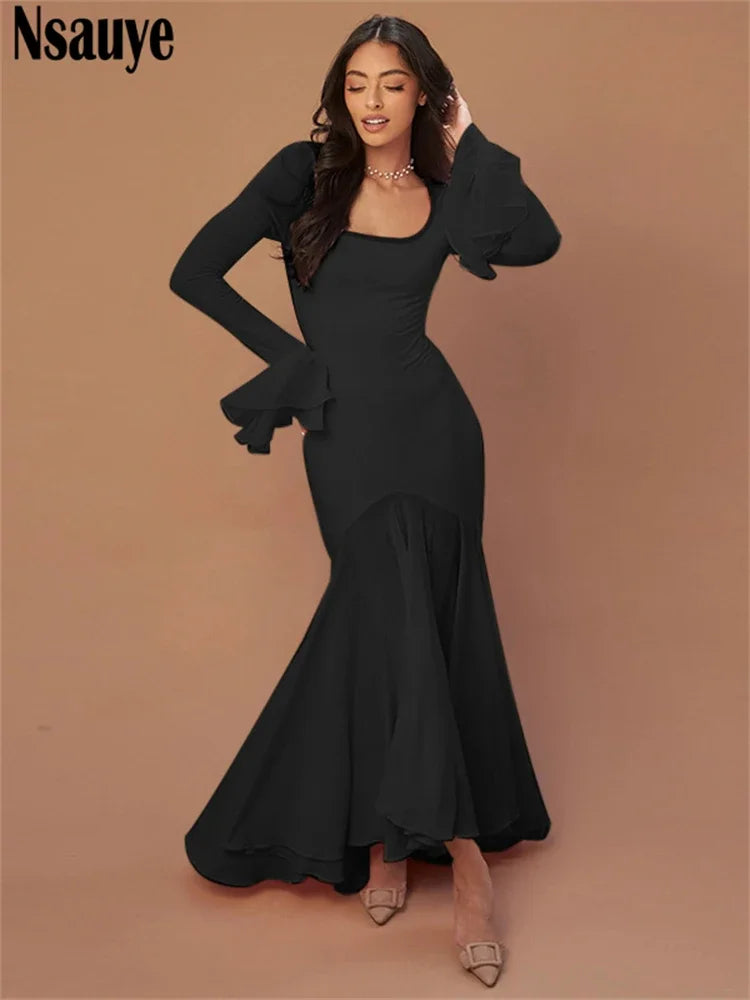 Nsauye Elegant Long Dresses Maxi Wrap Winter 2024 Women Clothing  Formal Fashion Sexy Party Long Sleeve Night Club Ruffles Dress
