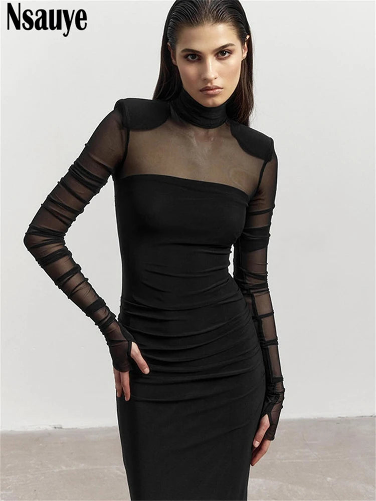 Nsauye Women Black Elegant Striped Mesh Long Sleeve Fashion Dress Autumn 2024 Sexy Evening Party Night Club Maxi Wrap Dress