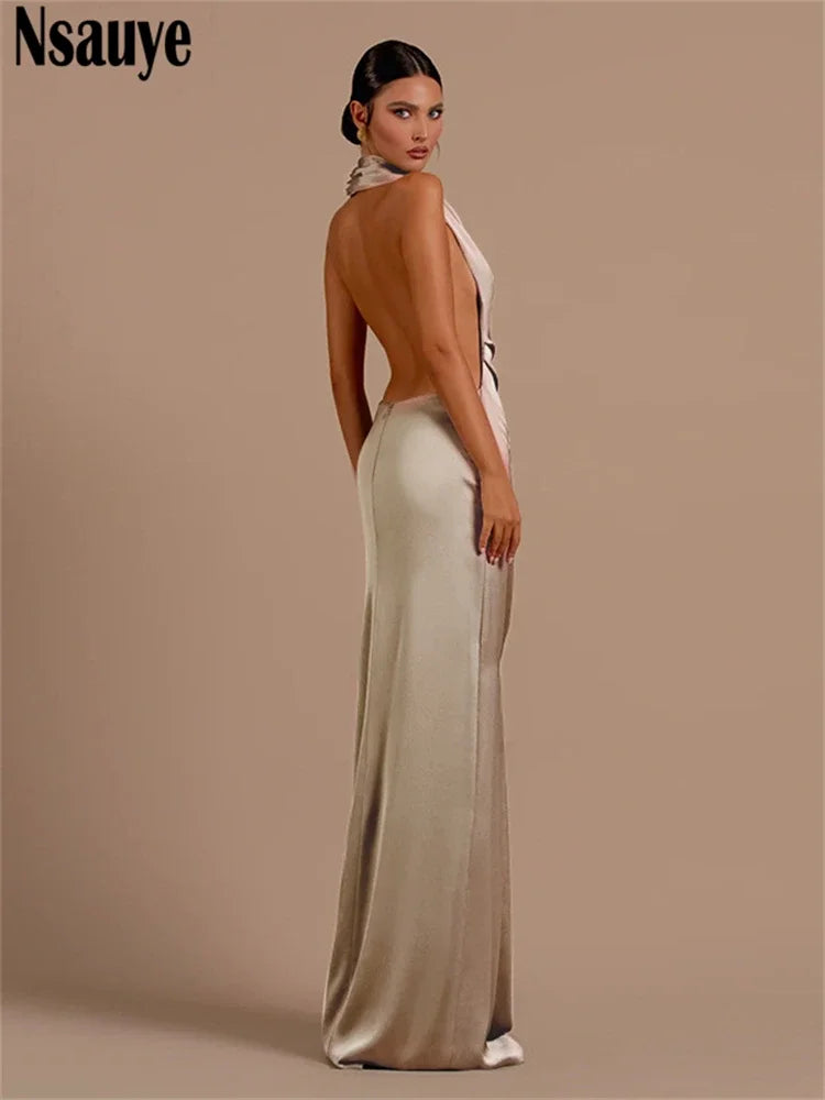 Nsauye Sexy Backless Women New Fashion Satin Elegant Bodycon Maxi Dress Night Club Long Halter Sleeveless Winter Party Dresses