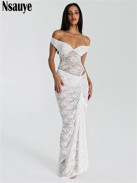 Nsauye Sexy Off Shoulder Night Club Fashion Women Bodycon Tops Long Ruched Low Waisted Skirt Party Two Piece Set Summer Elegant